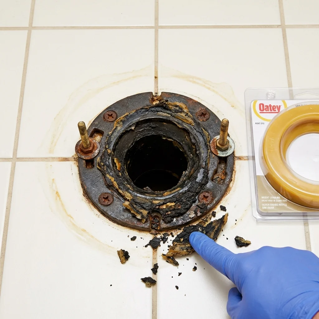 Failed wax ring showing water seepage at the base of a toilet in a Holly Springs, MS home