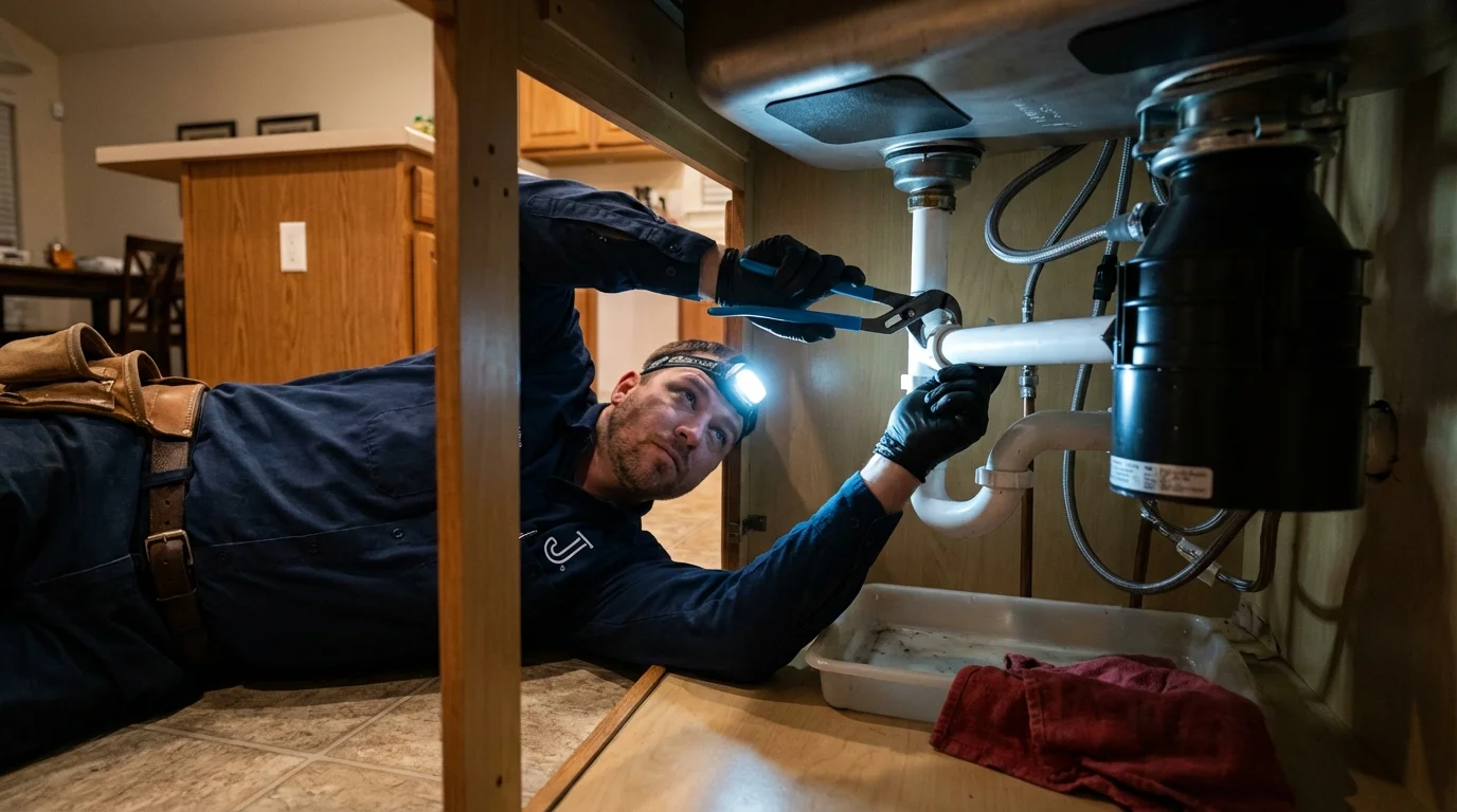 P-trap and supply line connections under a kitchen sink showing a common leak point in Holly Springs, MS